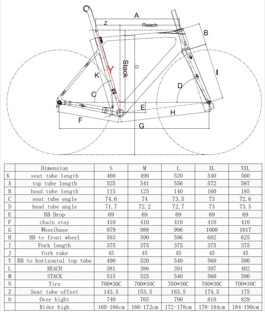 CR025 road bike frame size chart