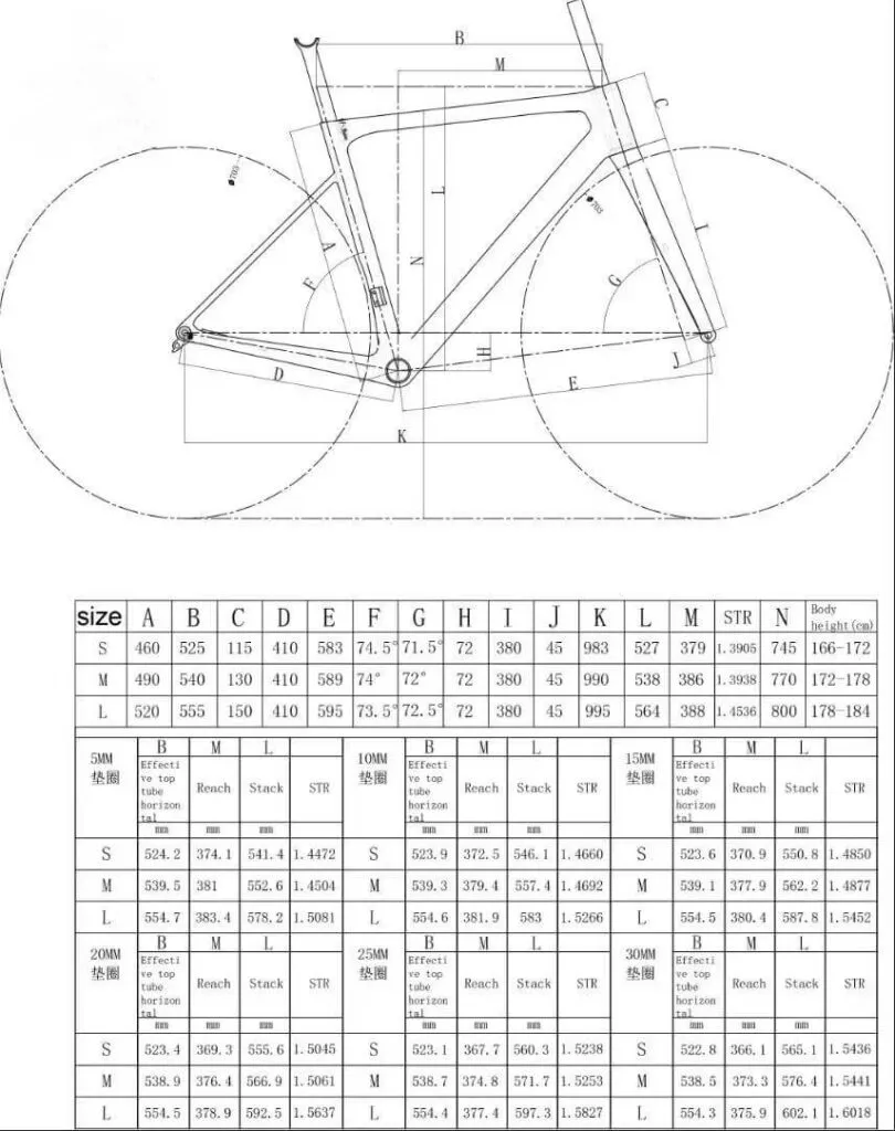 maattabel voor racefietsframes