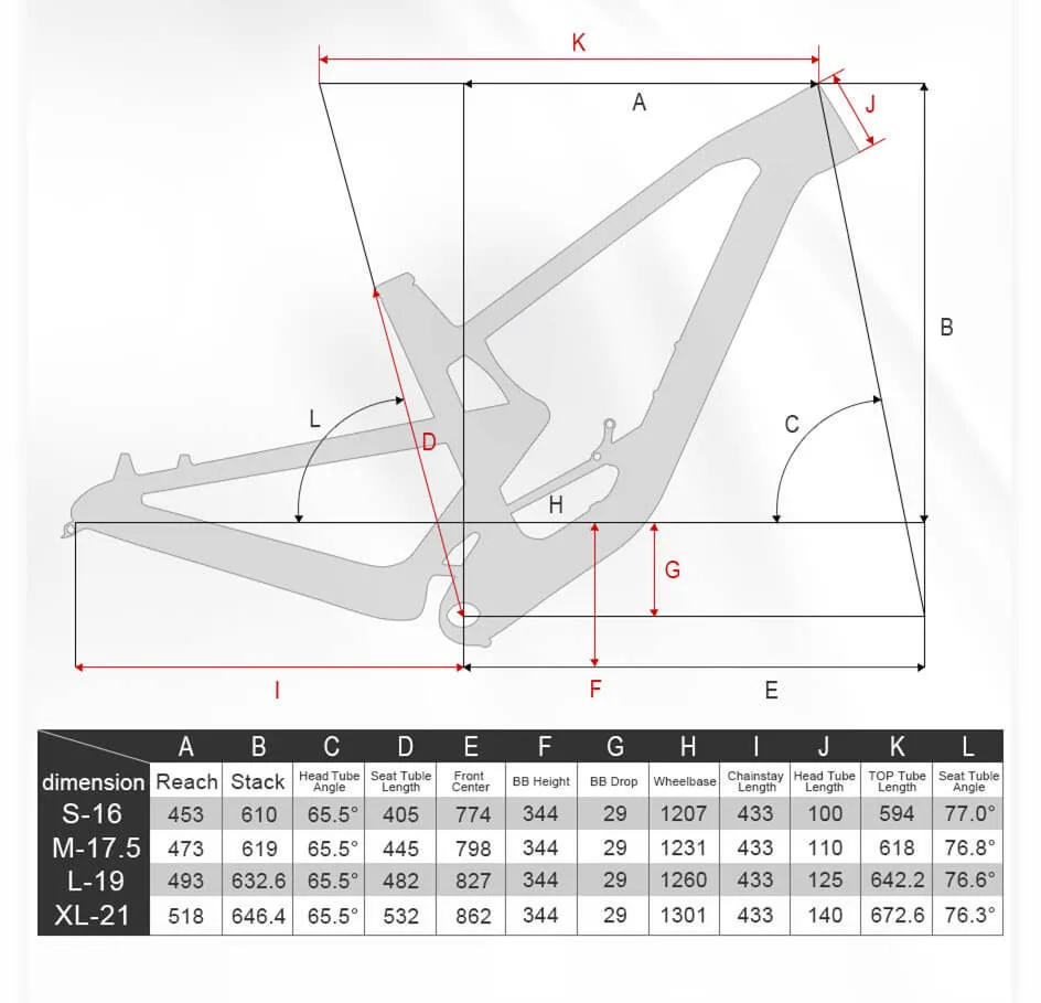 carbon mtb fiets frame maattabel